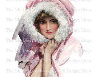 Harrison Fisher Lady Pink Coat for Cardmaking Junk Journals Vintage Graphics Printable Feminine Clipart Commercial Use Digital Download