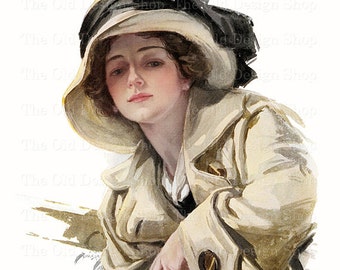 Harrison Fisher Lady Beige Coat for Cardmaking Junk Journals Vintage Graphics Printable Feminine Clipart Commercial Use Digital Download