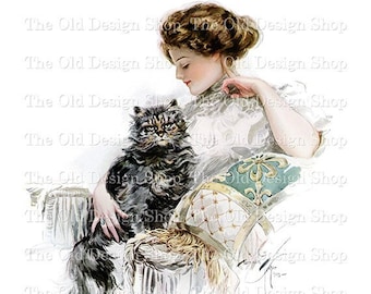 Harrison Fisher Printable Victorian Lady titled My Feline Friend for Cardmaking Junk Journals Commercial Use Digital Download JPG Format