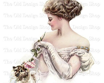 Harrison Fisher Printable Lady Pink Rose Cat Vintage Lady Graphics for Cardmaking Junk Journals Commercial Use Digital Download JPG File