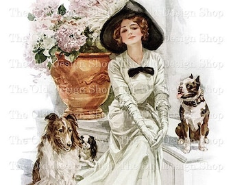 Harrison Fisher Edwardian Lady with 3 Dogs Clipart Printable for Cardmaking Junk Journals Full Commercial Use Stock Image Digital Download