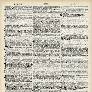 Puede incluir: Una página vintage de color crema de un diccionario con las palabras "pargeting" y "parley" resaltadas. La página está llena de texto en negro, definiendo las palabras.