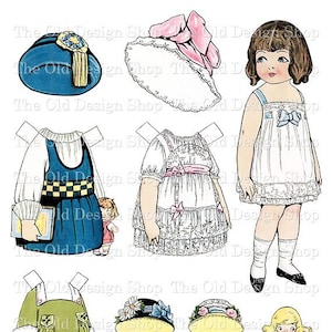 May include: A vintage paper doll set featuring a girl with blonde hair and a white dress, a girl with brown hair and a white dress, and a smaller doll with blonde hair and a white dress. The set includes various outfits and accessories, including hats, dresses, and a book.