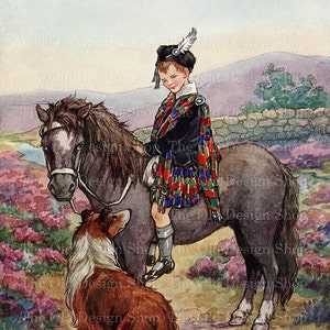 Garçon écossais, équitation poney colley chien Shetland vintage chevaux graphiques utilisation commerciale téléchargement numérique ferme animaux Illustration format JPG