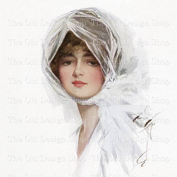 Harrison Fisher Victorian Lady in White Scarf Vintage Lady Graphics for Cardmaking Junk Journals Commercial Use Digital Download JPG Format