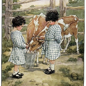 Livre de contes imprimable Art filles nourrissant des veaux vache pour la fabrication de cartes Junk Journal Supply vintage Farm Graphics Usage commercial Téléchargement numérique