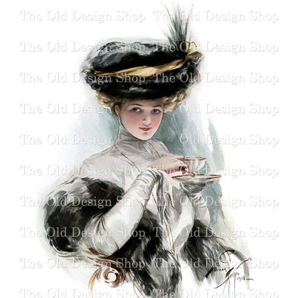 Harrison Fisher Printable Vintage Lady Graphics titled Teacup Times Junk Journal Supply Cardmaking Supply Commercial Use Digital Download