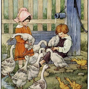 Clip Art di animali da fattoria Bambini che danno da mangiare alle oche Illustrazione di un libro di fiabe stampabile Uso commerciale Download digitale Formato JPG