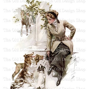 Harrison Fisher, Signora vittoriana con cani, Grafica vintage per la creazione di biglietti, diari spazzatura, uso commerciale, download digitale in formato JPG