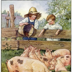 Fattoria ragazzi alimentazione maiali maialini Vintage Storybook Farm stampabile arte Clara M Burd illustrazione uso commerciale Download digitale immagine JPG