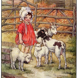 Fille et enfants chèvres vintage livre de contes animaux de la ferme Art imprimable Clara M Burd Illustration usage commercial Image JPG en téléchargement numérique