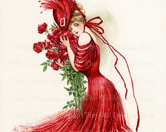 Lady in Red Printable Art Woman holding Bouquet of Red Roses Ephemera for Junk Journals Cardmaking Commercial Use Digital Download JPG Image