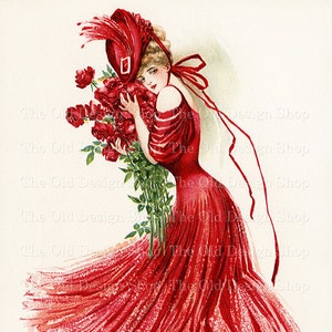 Femme en art imprimable rouge femme tenant un bouquet de roses rouges éphémères pour journaux indésirables, fabrication de cartes, utilisation commerciale, image JPG, téléchargement numérique