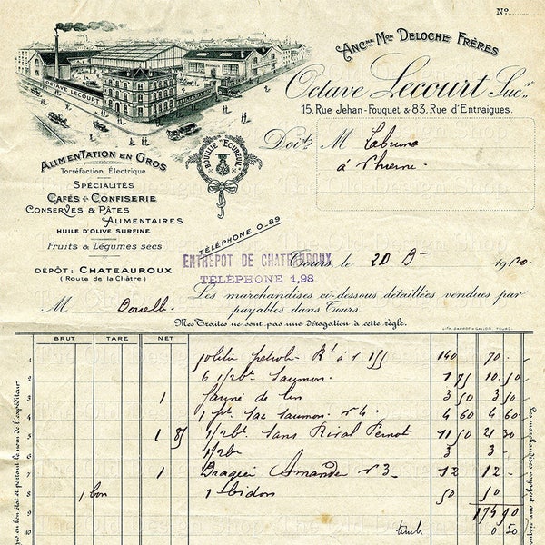 Antique French Invoice Vintage Ephemera Receipt Dec 1920 Commercial Use Digital Download JPG Image