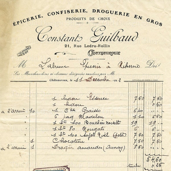 French Receipt Constant Guilbaud Vintage Invoice Printable Accounting Ephemera Commercial Use Digital Download JPG Format