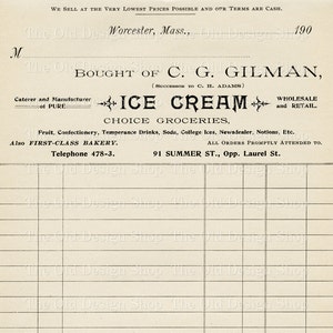Página del libro mayor contable imprimible Ephemera Vintage Gilman Helado Comestibles Factura Uso comercial Descarga digital Formato JPG