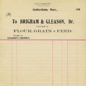 Página de libro de contabilidad imprimible Factura de harina, grano y pienso de Brigham Gleason, efímera neutra vintage, uso comercial, descarga digital, JPG