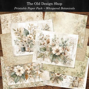 May include: A collection of printable paper sheets with a botanical theme. The sheets feature watercolor illustrations of flowers, leaves, and vintage-style backgrounds. The color palette includes soft greens, creams, and browns, with some sheets featuring handwritten script.