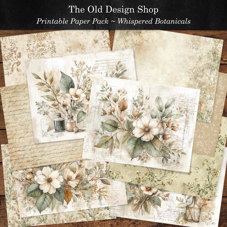 May include: A collection of printable paper sheets with a botanical theme. The sheets feature watercolor illustrations of flowers, leaves, and vintage-style backgrounds. The color palette includes soft greens, creams, and browns, with some sheets featuring handwritten script.