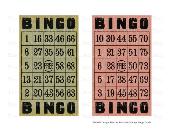 Bingo Cards Printable Vintage Ephemera for Junk Journals Cardmaking Supply Pink and Green Commercial Use Digital Download JPG Format