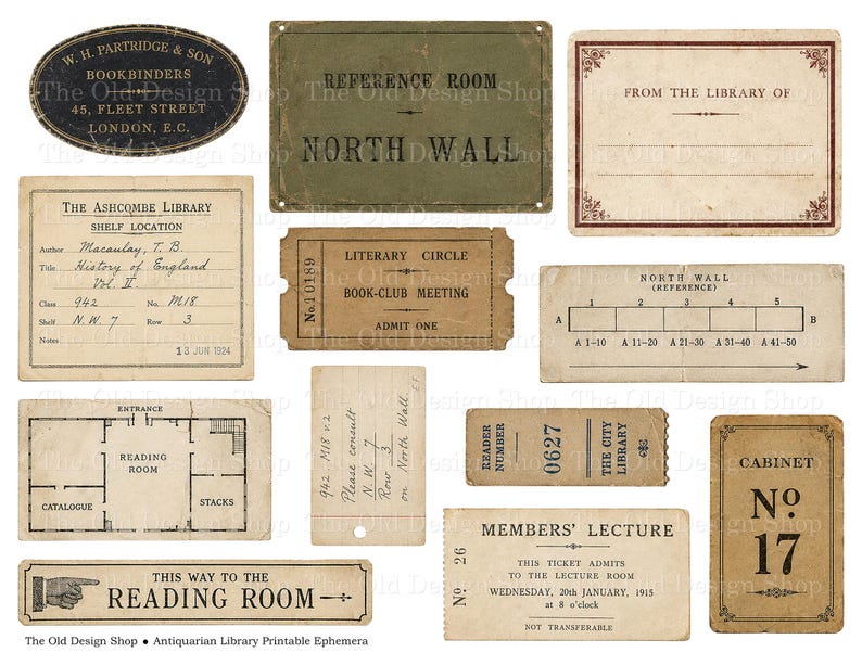May include: A collection of vintage-style paper ephemera featuring library-themed labels, tickets, and signs. Items include a bookbinder oval label, a reference room sign, library cards, a floor plan, and admission tickets with aged, tan paper textures.