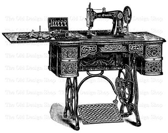 May include: A black and white illustration of a vintage sewing machine with a drop-down table and a foot pedal. The machine has a drawer on the right side and a small box of tools on the left side. The machine is labeled "Classic".