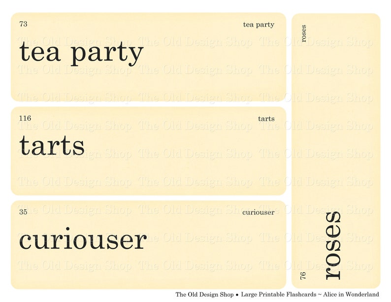 May include: A collection of vintage-style flashcards with phrases from Alice in Wonderland. The cards display words such as "tea party," "tarts," and "curiouser" in a classic serif font on a cream-colored background.
