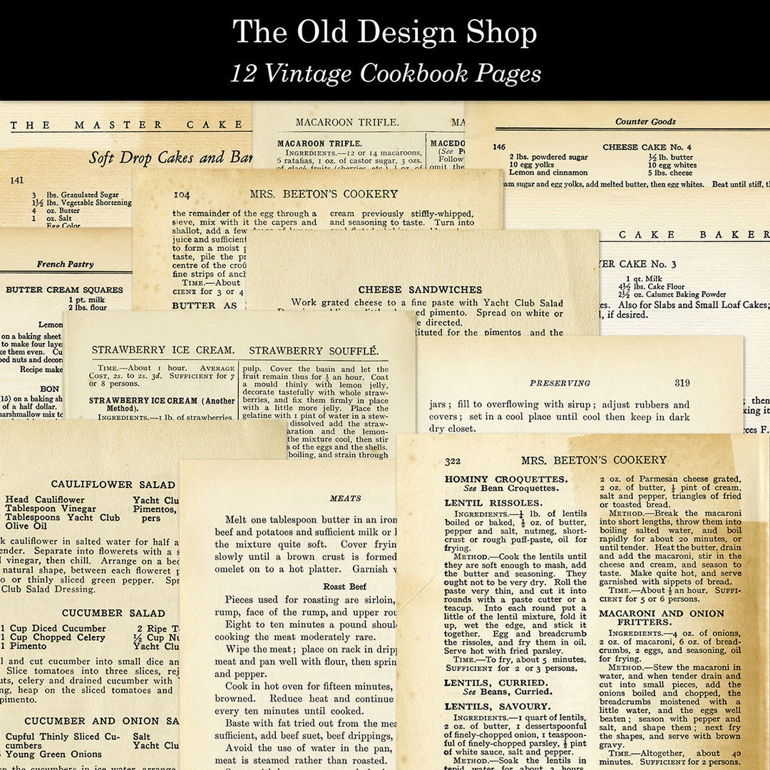 Vintage Cookbook Pages Printable Variety of Old Fashioned Recipes on ...