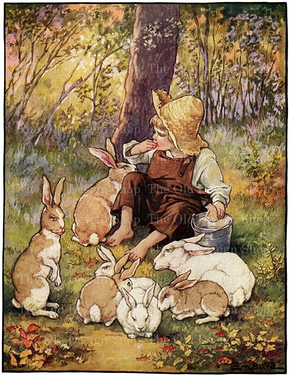Printable Storybook Art Boy and Rabbits Vintage Farm Graphics for Junk Journals Cardmaking Supply Commercial Use Digital Download JPG Image
