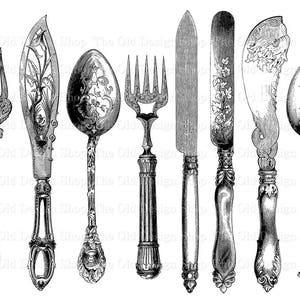 Cutlery Silverware Vintage Fork Knife Spoon Clip Art Printable Kitchen Art Illustration Commercial Use Digital Stamp Transfer Image Set 1
