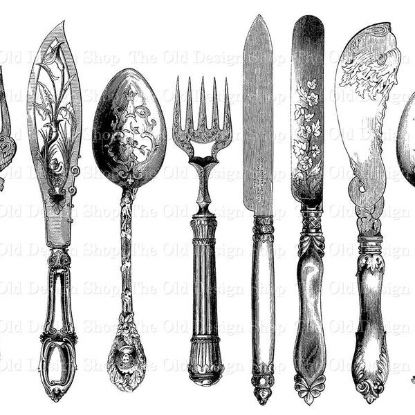 Cutlery Silverware Vintage Fork Knife Spoon Clip Art Printable Kitchen Art Illustration Commercial Use Digital Stamp Transfer Image Set 1