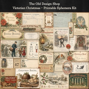 May include: A collection of vintage-style Victorian Christmas printable ephemera featuring various illustrations, including poinsettias, a train, a winter landscape, a person in a top hat, and text such as The Old Design Shop and Christmas Greetings.