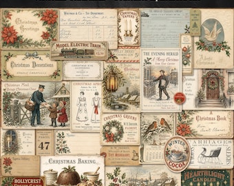 Victorian Christmas Printable Ephemera, Junk Journal Kit, Vintage Holiday Cards Tags & Tickets, Digital Download