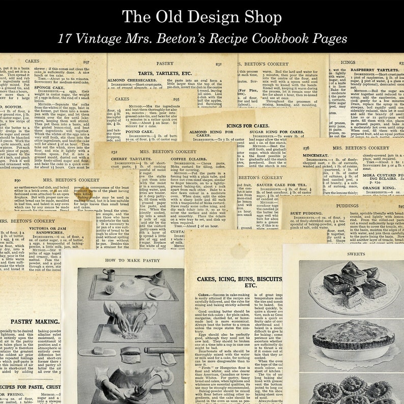 Peut inclure: Une collection de pages de livres de cuisine vintage de Mme Beeton pr&eacute;sentant des recettes de g&acirc;teaux, tartes, p&acirc;tisseries, gla&ccedil;ages, puddings et sucreries. Les pages sont imprim&eacute;es en noir et blanc et pr&eacute;sentent du texte manuscrit et des illustrations.