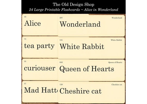 Alice in Wonderland Large Flashcards Printable Alice Flash Card Words Junk Journal Ephemera Cardmaking Supply Digital Download JPG