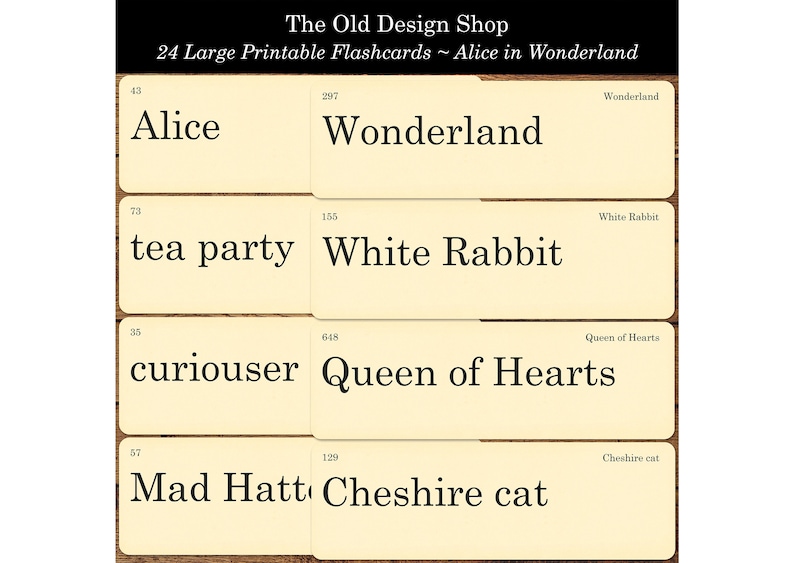 May include: Printable flashcards featuring words and phrases from "Alice in Wonderland", including "Alice", "Wonderland", "White Rabbit", and "Queen of Hearts". The design has a vintage style with a wooden background.