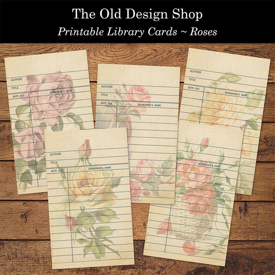 Vintage Style Library Cards Beige Background Floral Rose Designs ...