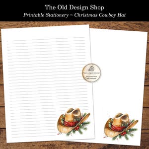 Sombrero de vaquero navideño, papelería para escribir cartas, imprimible, acuarela, sombrero de vaquero, papelería para amigos por correspondencia, con y sin líneas, carta estadounidense, descarga digital