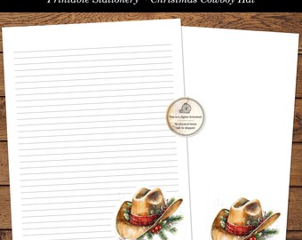Christmas Cowboy Hat Printable Letter Writing Stationery Watercolor Cowboy Hat Penpal Stationary Lined & Unlined US Letter Digital Download