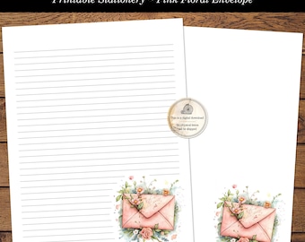 Pink Envelope Printable Letter Writing Stationery Watercolor Pink Floral Envelope Lined & Unlined Stationary Digital Download PDF Format