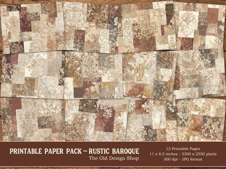 Rustic Baroque Printable Junk Journal Signatures Vintage Damask Ornate ...
