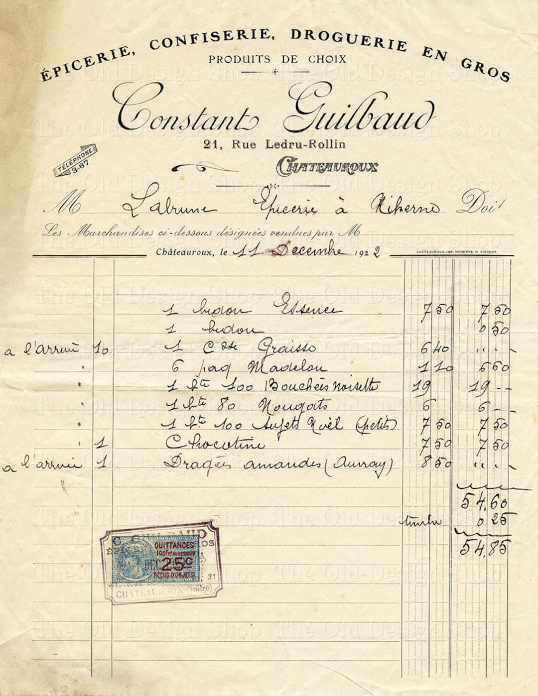 French Receipt Constant Guilbaud Vintage Invoice Printable Accounting Ephemera Commercial Use