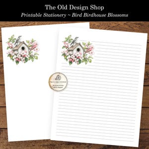 Casita para pájaros con diseño de flores, papelería para escribir cartas, acuarela, primavera, con y sin forro, descarga digital de archivos PDF