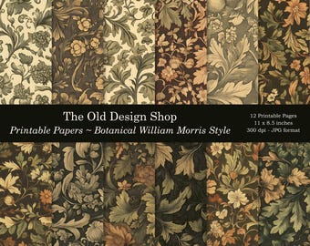 Botanical William Morris Style Printable Patterned Paper Pack Vintage Botanical Earthy Tones Junk Journal Signature Papers Digital Download