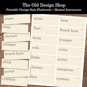 Muziekinstrumenten Flashcards Afdrukbare Junk Journal Muziek Ephemera Cardmaking Supply Retro Vintage Flash Card Muziekwoorden Digitale download