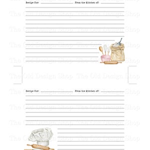 May include: White printable recipe cards with lined spaces for writing recipes. The cards feature watercolour illustrations of baking tools like a chef's hat, rolling pin, and flour sack. Text on the card reads "Recipe for:" and "From the Kitchen of:"