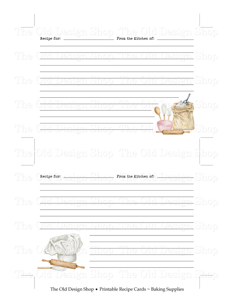 May include: White printable recipe cards with lined spaces for writing recipes. The cards feature watercolour illustrations of baking tools like a chef's hat, rolling pin, and flour sack. Text on the card reads "Recipe for:" and "From the Kitchen of:"