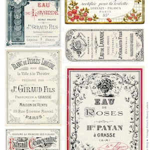 May include: Nine vintage perfume bottle labels with black and white illustrations and text in French. The labels feature floral designs, including roses, and text such as "Eau de Cologne", "Eau de Lavande", and "Blanc de Perles Liquide".