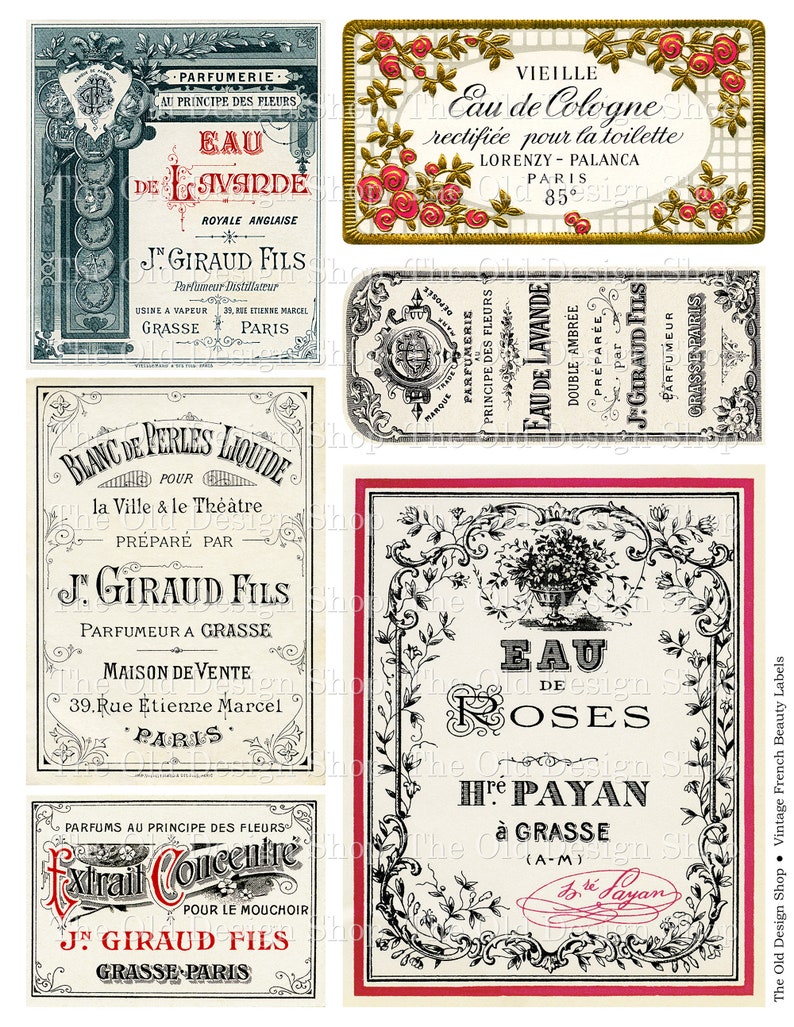 May include: Nine vintage perfume bottle labels with black and white illustrations and text in French. The labels feature floral designs, including roses, and text such as "Eau de Cologne", "Eau de Lavande", and "Blanc de Perles Liquide".