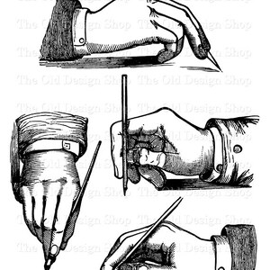 May include: Three black and white illustrations of hands holding a pencil and writing on a surface. The hands are in different positions, showing different ways to hold a pencil.